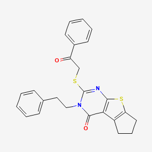 molecular formula C25H22N2O2S2 B11626963 2-[(2-Oxo-2-phenylethyl)sulfanyl]-3-phenethyl-3,5,6,7-tetrahydro-4H-cyclopenta[4,5]thieno[2,3-D]pyrimidin-4-one 