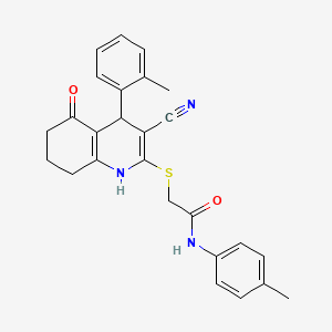 molecular formula C26H25N3O2S B11627787 2-{[3-cyano-4-(2-methylphenyl)-5-oxo-1,4,5,6,7,8-hexahydroquinolin-2-yl]sulfanyl}-N-(4-methylphenyl)acetamide 