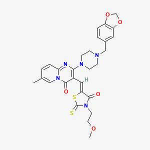 molecular formula C28H29N5O5S2 B11628126 2-[4-(1,3-benzodioxol-5-ylmethyl)piperazin-1-yl]-3-{(Z)-[3-(2-methoxyethyl)-4-oxo-2-thioxo-1,3-thiazolidin-5-ylidene]methyl}-7-methyl-4H-pyrido[1,2-a]pyrimidin-4-one 