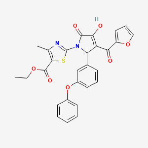 molecular formula C28H22N2O7S B11628437 ethyl 2-[(3E)-3-[furan-2-yl(hydroxy)methylidene]-4,5-dioxo-2-(3-phenoxyphenyl)pyrrolidin-1-yl]-4-methyl-1,3-thiazole-5-carboxylate 