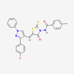 molecular formula C27H19FN4O2S2 B11628492 N-((5Z)-5-{[3-(4-fluorophenyl)-1-phenyl-1H-pyrazol-4-yl]methylene}-4-oxo-2-thioxo-1,3-thiazolidin-3-yl)-4-methylbenzamide 