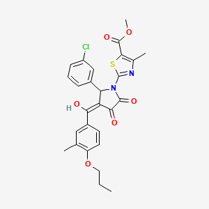 molecular formula C27H25ClN2O6S B11629087 methyl 2-{2-(3-chlorophenyl)-4-hydroxy-3-[(3-methyl-4-propoxyphenyl)carbonyl]-5-oxo-2,5-dihydro-1H-pyrrol-1-yl}-4-methyl-1,3-thiazole-5-carboxylate 
