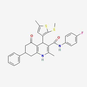 molecular formula C29H27FN2O2S2 B11629489 N-(4-Fluorophenyl)-2-methyl-4-(5-methyl-2-(methylthio)thiophen-3-yl)-5-oxo-7-phenyl-1,4,5,6,7,8-hexahydroquinoline-3-carboxamide CAS No. 441783-77-3