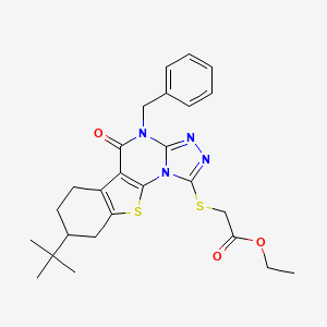 molecular formula C26H30N4O3S2 B11630368 Ethyl 2-{[4-benzyl-8-(tert-butyl)-5-oxo-4,5,6,7,8,9-hexahydro[1]benzothieno[3,2-E][1,2,4]triazolo[4,3-A]pyrimidin-1-YL]sulfanyl}acetate 