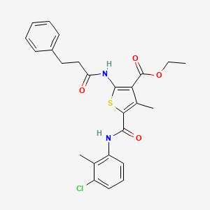 molecular formula C25H25ClN2O4S B11631296 Ethyl 5-[(3-chloro-2-methylphenyl)carbamoyl]-4-methyl-2-[(3-phenylpropanoyl)amino]thiophene-3-carboxylate 