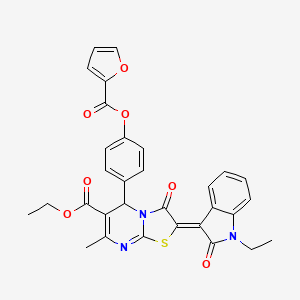 molecular formula C31H25N3O7S B11632161 ethyl (2Z)-2-(1-ethyl-2-oxo-1,2-dihydro-3H-indol-3-ylidene)-5-{4-[(furan-2-ylcarbonyl)oxy]phenyl}-7-methyl-3-oxo-2,3-dihydro-5H-[1,3]thiazolo[3,2-a]pyrimidine-6-carboxylate 