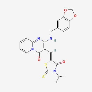 molecular formula C23H20N4O4S2 B11632262 2-[(1,3-benzodioxol-5-ylmethyl)amino]-3-{(Z)-[4-oxo-3-(propan-2-yl)-2-thioxo-1,3-thiazolidin-5-ylidene]methyl}-4H-pyrido[1,2-a]pyrimidin-4-one 