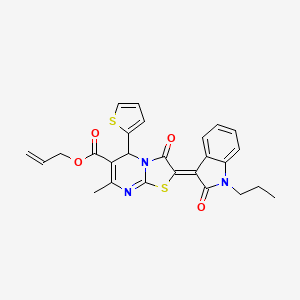 molecular formula C26H23N3O4S2 B11632400 prop-2-en-1-yl (2Z)-7-methyl-3-oxo-2-(2-oxo-1-propyl-1,2-dihydro-3H-indol-3-ylidene)-5-(thiophen-2-yl)-2,3-dihydro-5H-[1,3]thiazolo[3,2-a]pyrimidine-6-carboxylate 