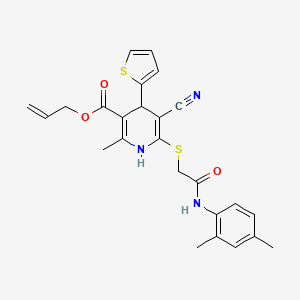 molecular formula C25H25N3O3S2 B11632955 Prop-2-en-1-yl 5-cyano-6-({2-[(2,4-dimethylphenyl)amino]-2-oxoethyl}sulfanyl)-2-methyl-4-(thiophen-2-yl)-1,4-dihydropyridine-3-carboxylate 