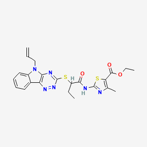 molecular formula C23H24N6O3S2 B11633642 ethyl 4-methyl-2-[(2-{[5-(prop-2-en-1-yl)-5H-[1,2,4]triazino[5,6-b]indol-3-yl]sulfanyl}butanoyl)amino]-1,3-thiazole-5-carboxylate 