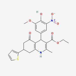 molecular formula C24H24N2O7S B11633892 Ethyl 4-(4-hydroxy-3-methoxy-5-nitrophenyl)-2-methyl-5-oxo-7-(thiophen-2-yl)-1,4,5,6,7,8-hexahydroquinoline-3-carboxylate 