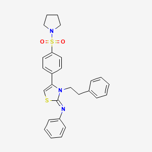 molecular formula C27H27N3O2S2 B11634328 N-[(2E)-3-(2-phenylethyl)-4-[4-(pyrrolidin-1-ylsulfonyl)phenyl]-1,3-thiazol-2(3H)-ylidene]aniline 