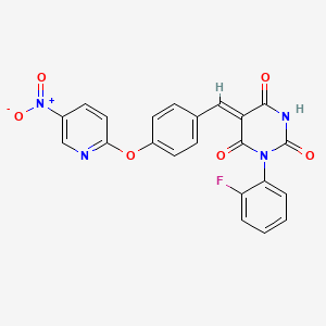 molecular formula C22H13FN4O6 B11634583 (5Z)-3-(2-fluorophenyl)-6-hydroxy-5-{4-[(5-nitropyridin-2-yl)oxy]benzylidene}pyrimidine-2,4(3H,5H)-dione 