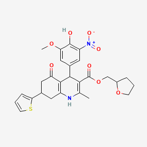 molecular formula C27H28N2O8S B11634708 Tetrahydrofuran-2-ylmethyl 4-(4-hydroxy-3-methoxy-5-nitrophenyl)-2-methyl-5-oxo-7-(thiophen-2-yl)-1,4,5,6,7,8-hexahydroquinoline-3-carboxylate 