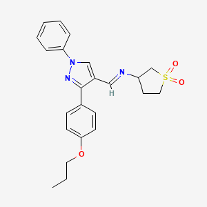 molecular formula C23H25N3O3S B11635443 N-{(E)-[1-phenyl-3-(4-propoxyphenyl)-1H-pyrazol-4-yl]methylidene}tetrahydrothiophen-3-amine 1,1-dioxide 