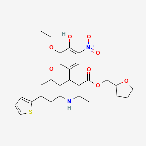 molecular formula C28H30N2O8S B11635512 Tetrahydrofuran-2-ylmethyl 4-(3-ethoxy-4-hydroxy-5-nitrophenyl)-2-methyl-5-oxo-7-(thiophen-2-yl)-1,4,5,6,7,8-hexahydroquinoline-3-carboxylate 