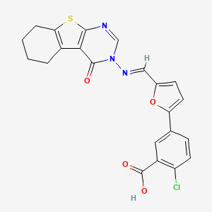 molecular formula C22H16ClN3O4S B11635985 2-chloro-5-(5-{(E)-[(4-oxo-5,6,7,8-tetrahydro[1]benzothieno[2,3-d]pyrimidin-3(4H)-yl)imino]methyl}furan-2-yl)benzoic acid 