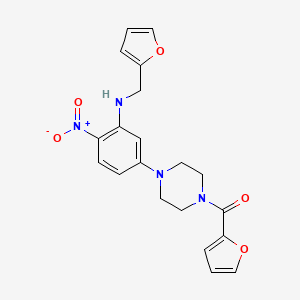 molecular formula C20H20N4O5 B11635994 Furan-2-yl(4-{3-[(furan-2-ylmethyl)amino]-4-nitrophenyl}piperazin-1-yl)methanone 
