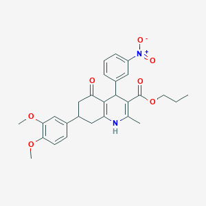 molecular formula C28H30N2O7 B11636024 Propyl 7-(3,4-dimethoxyphenyl)-2-methyl-4-(3-nitrophenyl)-5-oxo-1,4,5,6,7,8-hexahydroquinoline-3-carboxylate 