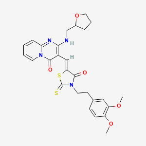 molecular formula C27H28N4O5S2 B11636211 3-((Z)-{3-[2-(3,4-Dimethoxyphenyl)ethyl]-4-oxo-2-thioxo-1,3-thiazolidin-5-ylidene}methyl)-2-[(tetrahydro-2-furanylmethyl)amino]-4H-pyrido[1,2-A]pyrimidin-4-one 