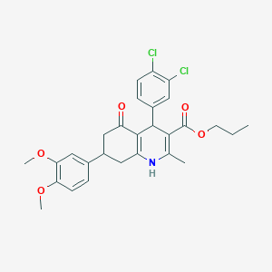 molecular formula C28H29Cl2NO5 B11636490 Propyl 4-(3,4-dichlorophenyl)-7-(3,4-dimethoxyphenyl)-2-methyl-5-oxo-1,4,5,6,7,8-hexahydroquinoline-3-carboxylate 