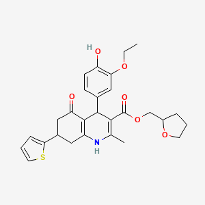 molecular formula C28H31NO6S B11636597 Tetrahydrofuran-2-ylmethyl 4-(3-ethoxy-4-hydroxyphenyl)-2-methyl-5-oxo-7-(thiophen-2-yl)-1,4,5,6,7,8-hexahydroquinoline-3-carboxylate 