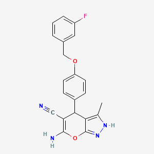 molecular formula C21H17FN4O2 B11636813 6-Amino-4-{4-[(3-fluorobenzyl)oxy]phenyl}-3-methyl-1,4-dihydropyrano[2,3-c]pyrazole-5-carbonitrile 