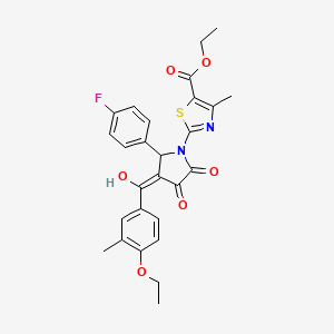 molecular formula C27H25FN2O6S B11636896 ethyl 2-{3-[(4-ethoxy-3-methylphenyl)carbonyl]-2-(4-fluorophenyl)-4-hydroxy-5-oxo-2,5-dihydro-1H-pyrrol-1-yl}-4-methyl-1,3-thiazole-5-carboxylate 