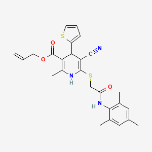 molecular formula C26H27N3O3S2 B11637189 Prop-2-en-1-yl 5-cyano-2-methyl-6-({2-oxo-2-[(2,4,6-trimethylphenyl)amino]ethyl}sulfanyl)-4-(thiophen-2-yl)-1,4-dihydropyridine-3-carboxylate 