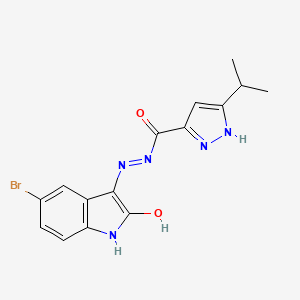 molecular formula C15H14BrN5O2 B11637914 N'-[(3E)-5-Bromo-2-oxo-2,3-dihydro-1H-indol-3-ylidene]-3-(propan-2-YL)-1H-pyrazole-5-carbohydrazide 