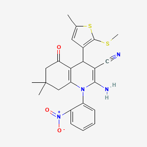 molecular formula C24H24N4O3S2 B11638042 2-Amino-7,7-dimethyl-4-(5-methyl-2-(methylthio)thiophen-3-yl)-1-(2-nitrophenyl)-5-oxo-1,4,5,6,7,8-hexahydroquinoline-3-carbonitrile CAS No. 476483-21-3