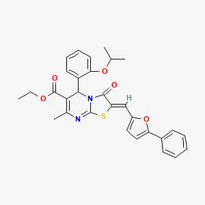 molecular formula C30H28N2O5S B11638127 Ethyl (2Z)-7-methyl-3-oxo-2-[(5-phenylfuran-2-YL)methylidene]-5-[2-(propan-2-yloxy)phenyl]-2H,3H,5H-[1,3]thiazolo[3,2-A]pyrimidine-6-carboxylate 