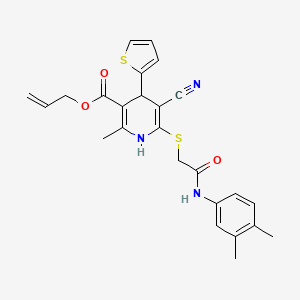 molecular formula C25H25N3O3S2 B11640714 Prop-2-en-1-yl 5-cyano-6-({2-[(3,4-dimethylphenyl)amino]-2-oxoethyl}sulfanyl)-2-methyl-4-(thiophen-2-yl)-1,4-dihydropyridine-3-carboxylate 