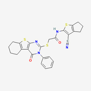 molecular formula C26H22N4O2S3 B11641454 N-(3-cyano-5,6-dihydro-4H-cyclopenta[b]thiophen-2-yl)-2-[(4-oxo-3-phenyl-3,4,5,6,7,8-hexahydro[1]benzothieno[2,3-d]pyrimidin-2-yl)sulfanyl]acetamide 