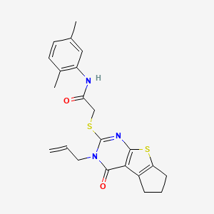 molecular formula C22H23N3O2S2 B11641577 N-(2,5-dimethylphenyl)-2-{[12-oxo-11-(prop-2-en-1-yl)-7-thia-9,11-diazatricyclo[6.4.0.0^{2,6}]dodeca-1(8),2(6),9-trien-10-yl]sulfanyl}acetamide 