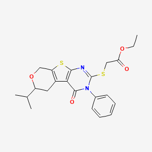 molecular formula C22H24N2O4S2 B11641773 ethyl 2-[(3-oxo-4-phenyl-12-propan-2-yl-11-oxa-8-thia-4,6-diazatricyclo[7.4.0.02,7]trideca-1(9),2(7),5-trien-5-yl)sulfanyl]acetate 