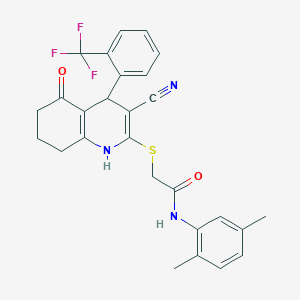 molecular formula C27H24F3N3O2S B11642228 2-({3-cyano-5-oxo-4-[2-(trifluoromethyl)phenyl]-1,4,5,6,7,8-hexahydroquinolin-2-yl}sulfanyl)-N-(2,5-dimethylphenyl)acetamide 