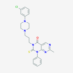 molecular formula C26H27ClN6OS B116431 Pyrimido(4,5-d)pyrimidin-4(1H)-one, 2,3-dihydro-3-(3-(4-(3-chlorophenyl)-1-piperazinyl)propyl)-7-methyl-1-phenyl-2-thioxo- CAS No. 142287-34-1