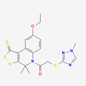 molecular formula C19H20N4O2S4 B11646344 1-(8-ethoxy-4,4-dimethyl-1-thioxo-1,4-dihydro-5H-[1,2]dithiolo[3,4-c]quinolin-5-yl)-2-[(1-methyl-1H-1,2,4-triazol-3-yl)sulfanyl]ethanone 