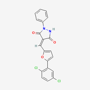 molecular formula C20H12Cl2N2O3 B11646566 (4E)-4-{[5-(2,5-dichlorophenyl)furan-2-yl]methylidene}-1-phenylpyrazolidine-3,5-dione 
