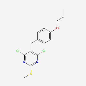 molecular formula C15H16Cl2N2OS B11646592 4,6-Dichloro-2-(methylsulfanyl)-5-(4-propoxybenzyl)pyrimidine 