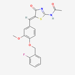 molecular formula C20H17FN2O4S B11646688 N-[(2E,5Z)-5-{4-[(2-fluorobenzyl)oxy]-3-methoxybenzylidene}-4-oxo-1,3-thiazolidin-2-ylidene]acetamide 