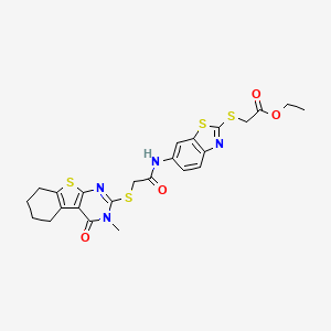 molecular formula C24H24N4O4S4 B11648198 Ethyl {[6-({[(3-methyl-4-oxo-3,4,5,6,7,8-hexahydro[1]benzothieno[2,3-d]pyrimidin-2-yl)sulfanyl]acetyl}amino)-1,3-benzothiazol-2-yl]sulfanyl}acetate 