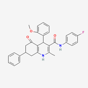 molecular formula C30H27FN2O3 B11648289 N-(4-fluorophenyl)-4-(2-methoxyphenyl)-2-methyl-5-oxo-7-phenyl-1,4,5,6,7,8-hexahydro-3-quinolinecarboxamide 