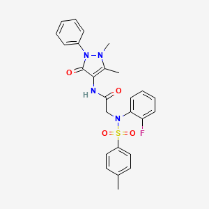 molecular formula C26H25FN4O4S B11649554 N-(1,5-Dimethyl-3-oxo-2-phenyl-2,3-dihydro-1H-pyrazol-4-YL)-2-[N-(2-fluorophenyl)4-methylbenzenesulfonamido]acetamide 