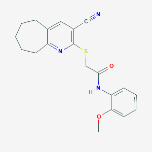 molecular formula C20H21N3O2S B11651628 2-[(3-cyano-6,7,8,9-tetrahydro-5H-cyclohepta[b]pyridin-2-yl)sulfanyl]-N-(2-methoxyphenyl)acetamide 