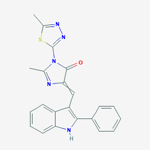 molecular formula C22H17N5OS B116522 4H-Imidazol-4-one, 3,5-dihydro-2-methyl-3-(5-methyl-1,3,4-thiadiazol-2-yl)-5-((2-phenyl-1H-indol-3-yl)methylene)- CAS No. 143658-85-9