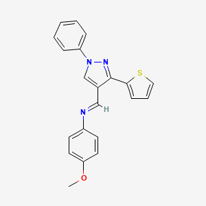 molecular formula C21H17N3OS B11652712 N-(4-Methoxyphenyl)-N-((1-phenyl-3-(2-thienyl)-1H-pyrazol-4-YL)methylene)amine 