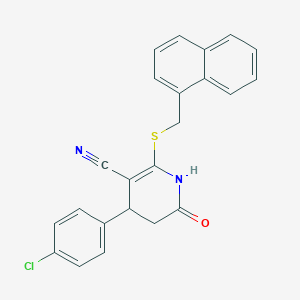 molecular formula C23H17ClN2OS B11653312 4-(4-Chlorophenyl)-2-[(naphthalen-1-ylmethyl)sulfanyl]-6-oxo-1,4,5,6-tetrahydropyridine-3-carbonitrile 