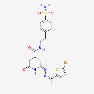 molecular formula C19H20BrN5O4S3 B11653498 (2E)-2-{(2Z)-[1-(5-bromothiophen-2-yl)ethylidene]hydrazinylidene}-4-oxo-N-[2-(4-sulfamoylphenyl)ethyl]-1,3-thiazinane-6-carboxamide 
